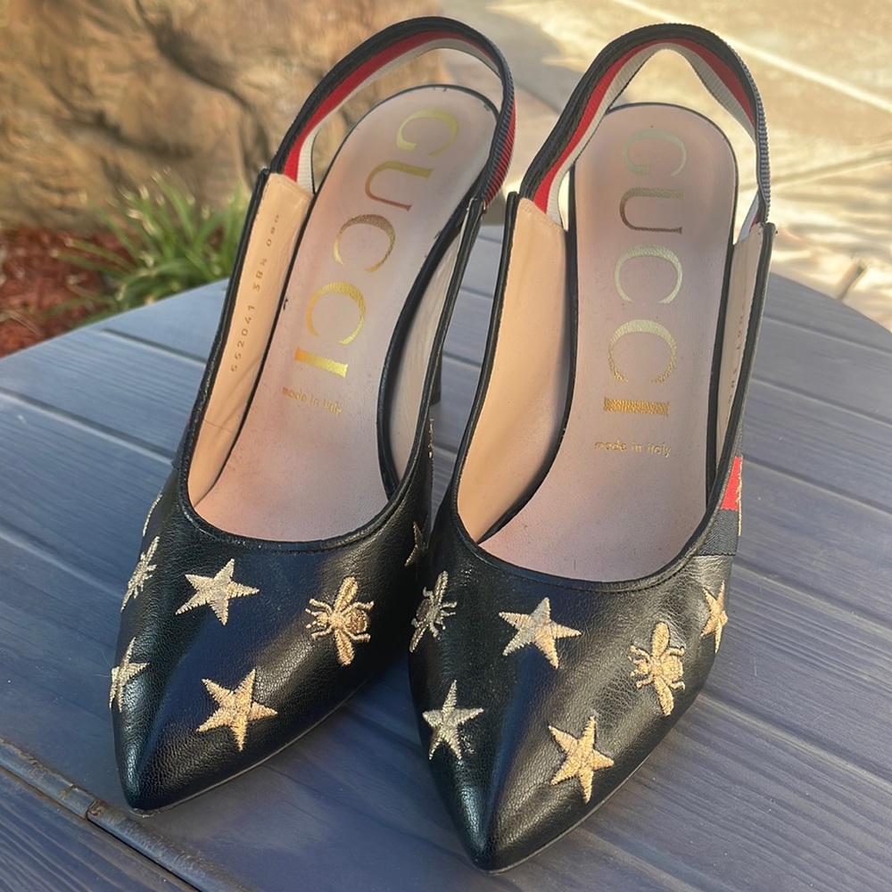 Authentic Gucci Sylvie black Star Bee Embroidered Leather Web Slingback Pumps